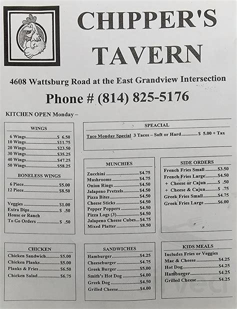 Menu for Chippers Tavern in Erie, PA | Sirved