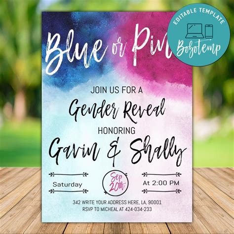 Editable Blue or Pink Gender Reveal Party Invitation DIY | Bobotemp