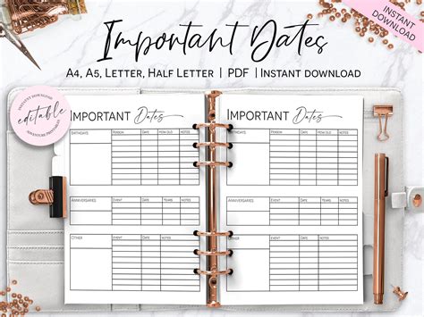 Important Dates Page, Dates to Remember Planner Insert, Happy Planner Printable Insert - Etsy