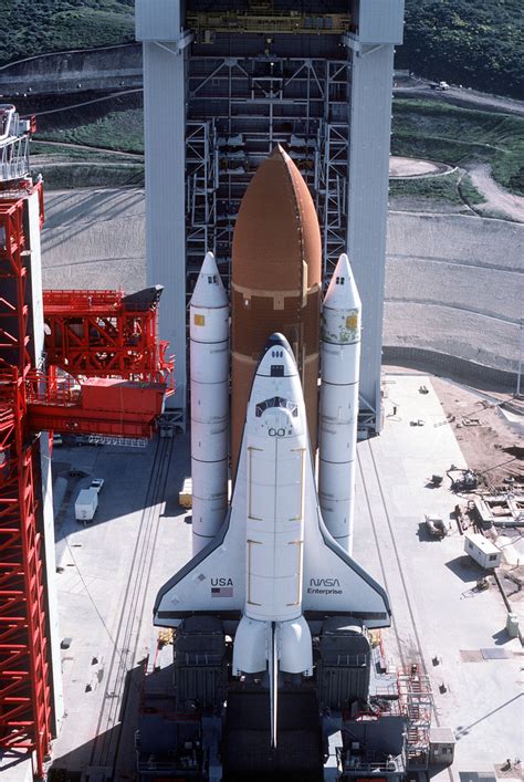 High angle view of Space Shuttle Enterprise in launch position on the Space Launch Complex (SLC ...