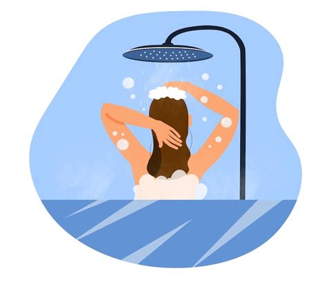 Premium Vector | Woman washing body in shower with foamy sponge. pink tile in bathroom interior.
