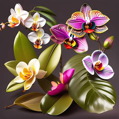 Premium AI Image | Beautiful tropical flowers orchids plant nature elements set of various types ...