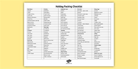 Children’s Holiday Checklist | Easy to Print | Twinkl