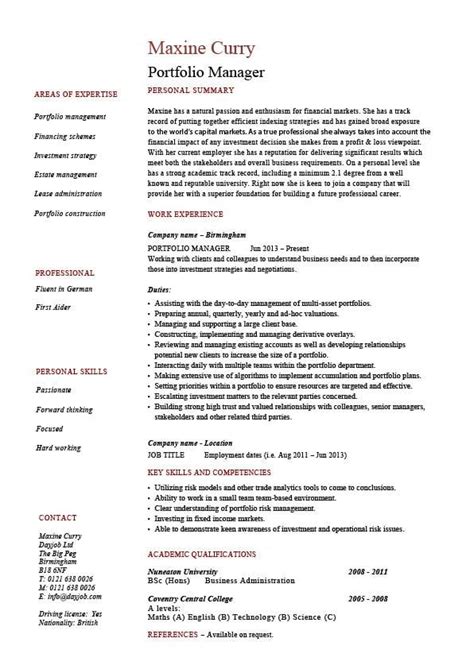 Portfolio manager resume, investments, CV, job description, example, sample, funds