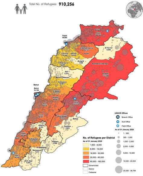 ; Map of registered Syrian refugees by district in Lebanon (UNHCR, 2020 ...