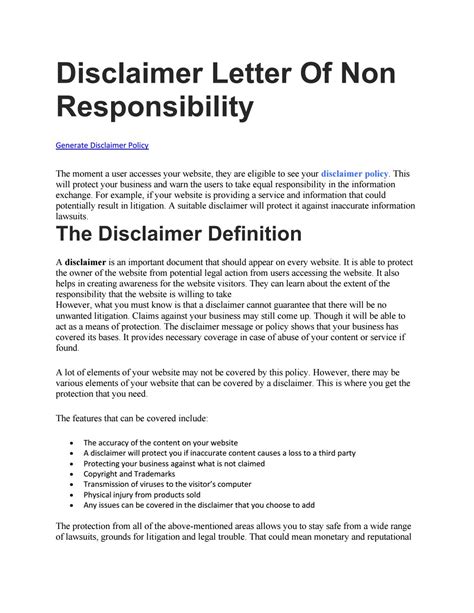 No Responsibility Disclaimer Template