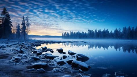 Premium AI Image | Magical Winter Lake Wallpaper With Fog And Rocks