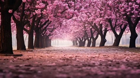 Premium AI Image | row of cherry blossom trees HD 8K wallpaper Stock Photographic