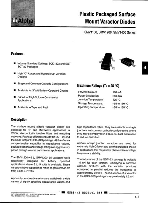 SMV1201 Datasheet - Surface Mount Varactor Diode