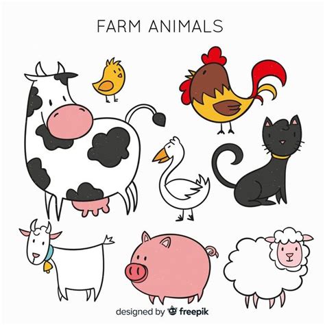 various farm animals and birds on a white background with the words farm animals written in black