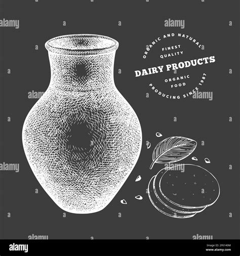 Hand drawn sketch style milk clay jug. Organic fresh food vector illustration isolated on chalk ...