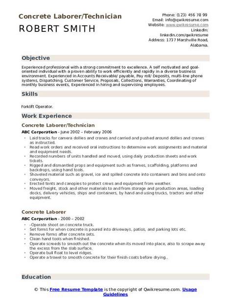 Concrete Laborer Resume Samples | QwikResume