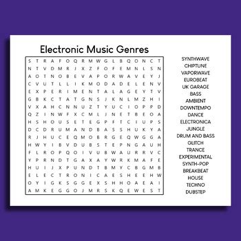 Electronic Music Genres - Word Search Puzzle Worksheet - Printable