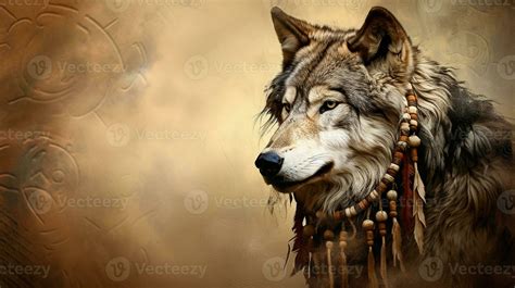 An artistic representation of a wolf as a revered spirit animal in Native American folklore, set ...