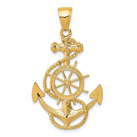 14kt Yellow Gold Large Nautical Anchor Ship Wheel Mariners Pendant Charm Necklace Sea Shore Fine ...