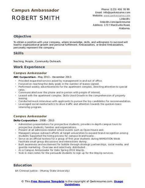 Campus Ambassador Resume Samples | QwikResume