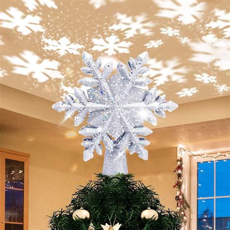 Christmas Tree Topper Lighted with White Snowflake Projector, LED Rotating Snow Projector, 3D ...