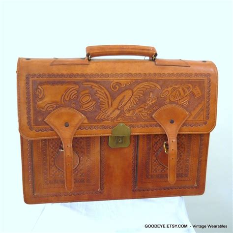 Vintage Tooled Leather Briefcase Purse with Key Lock MEXICO