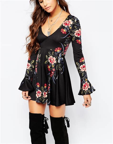 Free people Date Night Dress With Bell Sleeve In Floral Print in Black (Blackmulti) | Lyst