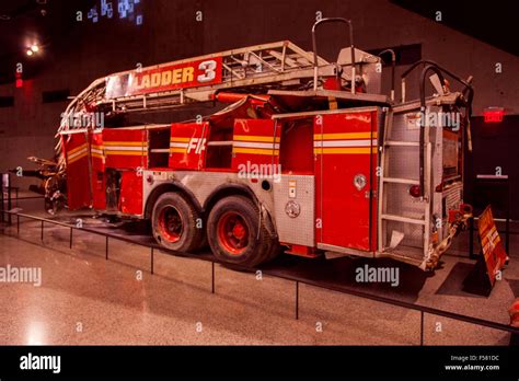 Crushed fire truck, ladder 3, National September 11 Memorial & Museum 9/11, New York City ...