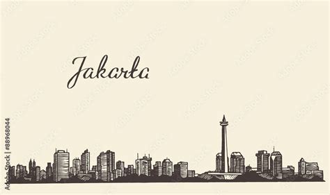 Jakarta skyline engraved illustration drawn sketch Stock Vector | Adobe Stock