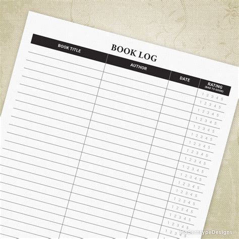 Book Log with Rating Printable Form