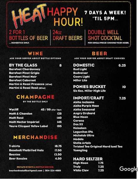 Bourbon Heat menu in New Orleans, Louisiana, USA