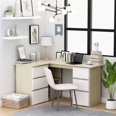 Home - Bureau d'angle Blanc et chêne sonoma 145x100x76 cm Aggloméré | LesTendances.fr