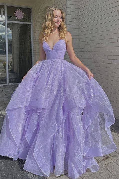 Shiny V Neck Fluffy Purple long Prom Dress, Long Purple Formal Evening ...