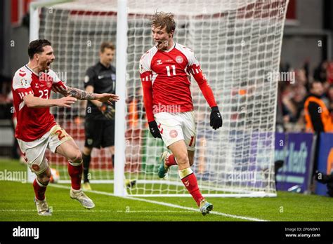 Copenhagen, Denmark. 23rd Mar, 2023. Rasmus Hojlund (11) of Denmark scores during the UEFA Euro ...