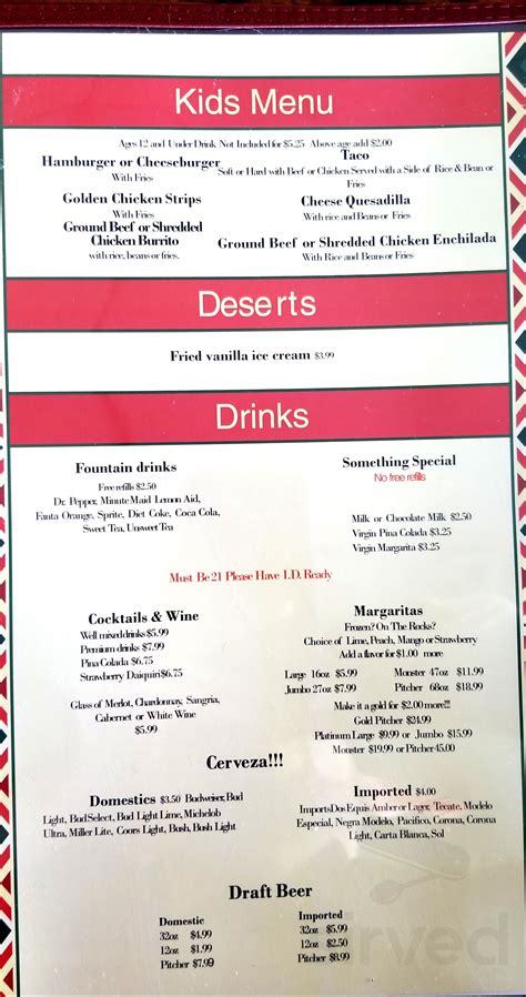 Sergio's Taqueria menu in Lake Ozark, Missouri, USA