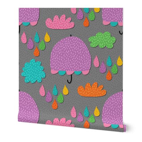 Purple Umbrella, Colorful Rainy Day on Wallpaper | Spoonflower