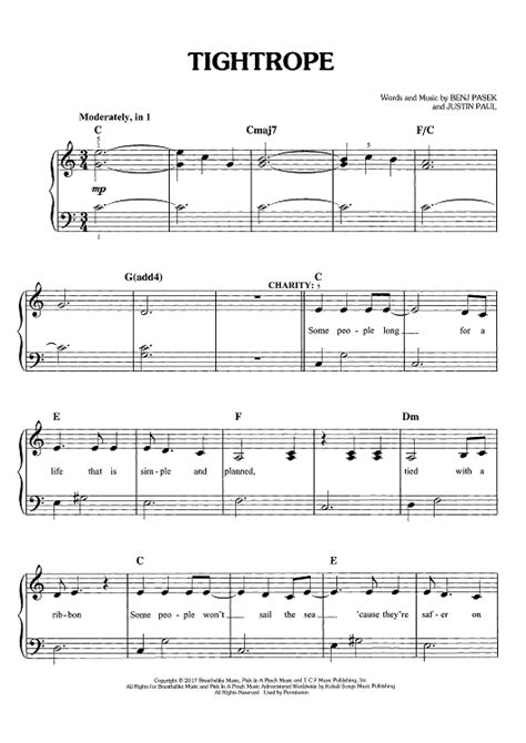 Tightrope - from The Greatest Showman" Sheet Music for Easy Piano/Vocal/Chords - Sheet Music Now