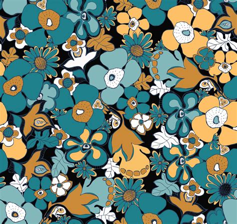 Floral Doodles Pattern Wallpaper in Teal, Mustard, Black & White - Happywall