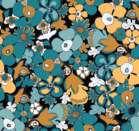 Floral Doodles Pattern Wallpaper in Teal, Mustard, Black & White ...