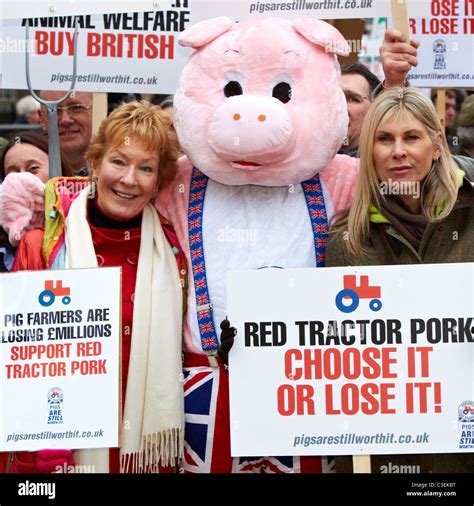 Christine Hamilton, Sharron Davies and man in pig costume during an Eat British Pork protest ...