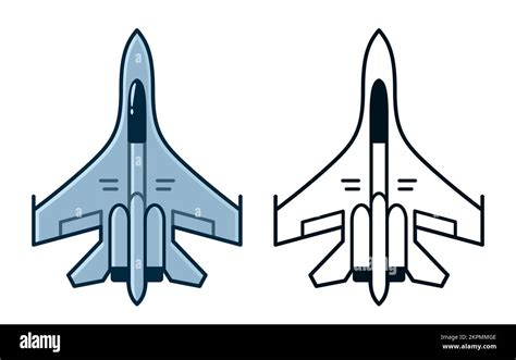 Military fighter jet. Cartoon color icon and black and white line art. Simple vector clip art ...