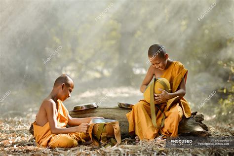 Buddhist monks sitting in forest — cultural, outdoor - Stock Photo | #122795290