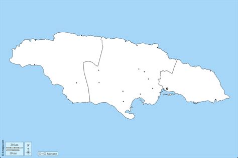 Jamaica free map, free blank map, free outline map, free base map counties, main cities