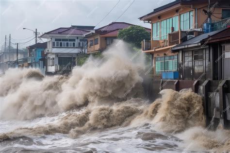 Premium AI Image | Tsunami wave crashes into coastal village destroying ...