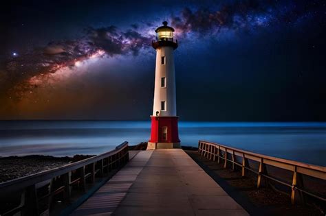 Premium Photo | A lighthouse on a beach with a storm cloud in the sky