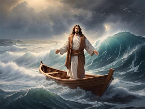 Premium AI Image | Jesus calming the sea on a boat during a storm