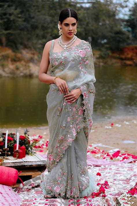 Buy Anushree Reddy Green Organza Saree With Blouse Online | Aza Fashions