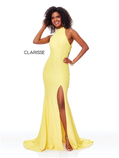 3736 - Canary yellow long prom dress with a halter top and strap detailed back | Prom dresses ...