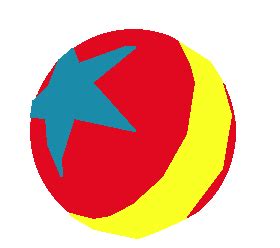 an orange and yellow ball with a blue star on the top is in front of a white background