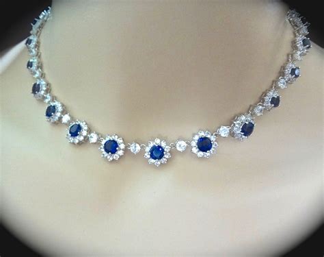 Bridal Jewelry Blue Sapphire Necklace Cubic by QueenMeJewelryLLC