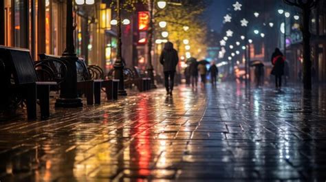 Premium AI Image | City sidewalks on a rainy night