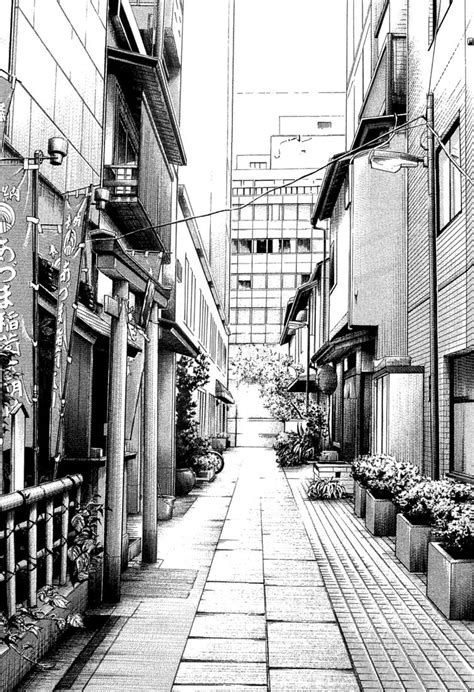 a black and white drawing of an alleyway with buildings in the background, surrounded by potted ...