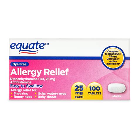 Equate Dye-Free Allergy Relief Medicine, 25 mg, 100ct Tablets - Walmart.com