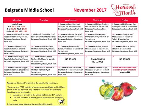 November 2017 Middle School Lunch Menu | School lunch menu, Breakfast menu, High school lunches